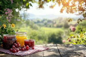 rustic outdoor setting with artisanal jars of jam, surrounded by fresh grapes and flowers, on wooden table under soft sunlight photo