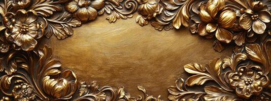 Ornate golden floral frame with intricate details and textured background, exuding elegance and luxury photo
