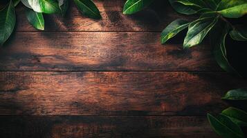 rustic wooden background with vibrant green leaves framing edges, creating natural and serene atmosphere, perfect for banners or advertisements photo