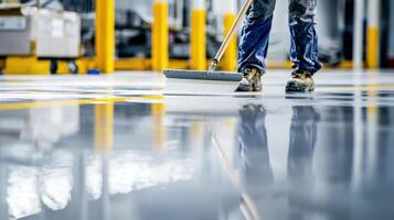 worker cleaning polished industrial floor with mop, reflecting surrounding environment. scene emphasizes cleanliness and maintenance professional photo