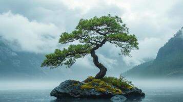 serene evergreen tree stands gracefully on moss covered rock in middle of calm lake, surrounded by misty mountains and tranquil atmosphere photo