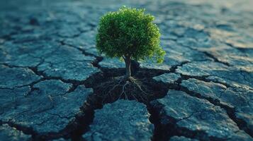 resilient evergreen tree grows vibrantly amidst cracked, dry soil, symbolizing hope and perseverance in harsh conditions photo