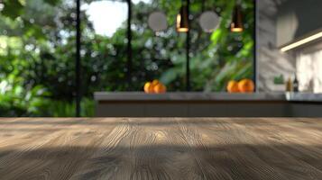 Rustic oak table surface with blurred modern kitchen background featuring marble counters and hanging pendant lights. photo