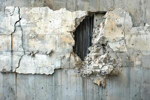 agrietado hormigón pared con visible dañar desde terremoto, exposición metal refuerzos detrás superficie, simbolizando Resiliencia y destrucción foto