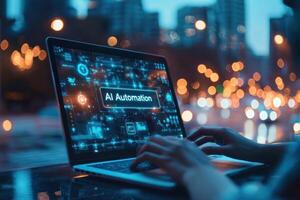 Hands typing laptop with glowing search bar displaying AI Automation, showcasing technology and innovation modern setting photo