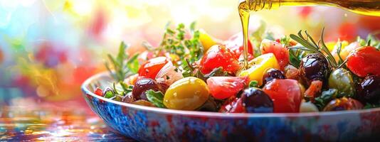 vibrant Mediterranean salad with fresh tomatoes, olives, and herbs is drizzled with golden olive oil, creating colorful and appetizing scene photo