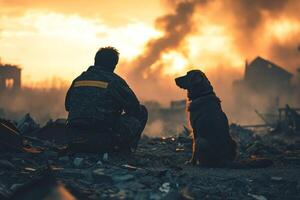 brave rescue dog and its handler rest amid aftermath of earthquake, with smoke and ruins in background, embodying search hero spirit photo