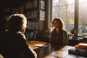 mentor offers guidance to mentee cozy library, illuminated by soft sunlight streaming through window, creating warm atmosphere photo