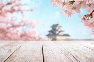 weathered pine tabletop is beautifully complemented by dreamy background of cherry blossoms full bloom, framing traditional photo
