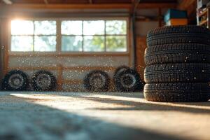 bright garage workshop with sunlight streaming in, stacks of tires visible, and dust particles floating in air photo