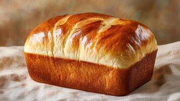 Golden artisanal bread loaf with glossy crust resting on soft fabric, showcasing its fluffy texture and perfect bake photo