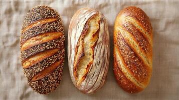 Three artisanal loaves of bread with golden crusts and unique scoring patterns are displayed textured fabric background, evoking warmth photo