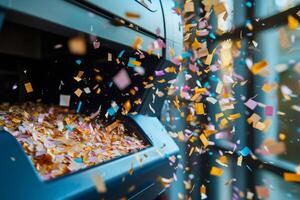 Exploding paper shredder with colorful flying fragments photo