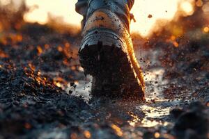 Boot steps into thick mud with splash photo