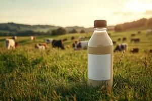 Glass bottle filled with milk stands on grassy field with cows in background photo