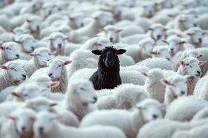 A huge herd of white sheep, with a black sheep standing out in the center. photo