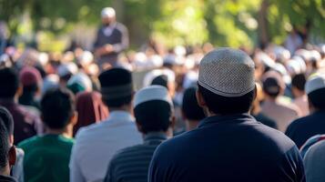 Muslim Man Addresses a Large Outdoor Gathering. photo