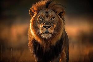 un Mirad resplandeciente magnificencia de un león atravesando vasto extensión de africano sabana, sus real paso resonando con fuerza, como dorado pastos influencia en reverencia a apéndice depredador. foto