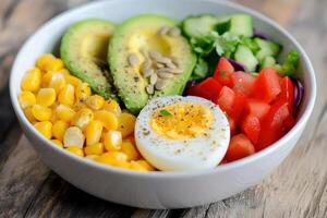 A breakfast salad with avocado, eggs, and greens, healthy meal, digital painting, fresh greens, isolated on wooden background. photo