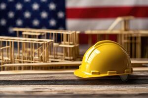 A yellow hard hat rests on a wooden table, with an American flag displayed in the background. usa construction tariffs concept. photo