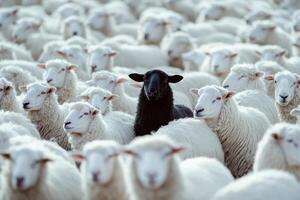 A lone black sheep standing boldly in a sea of white sheep, capturing contrast and individuality in a minimalist style. photo
