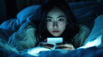 Young Asian woman using smartphone in bed at night, illuminated by screen. photo
