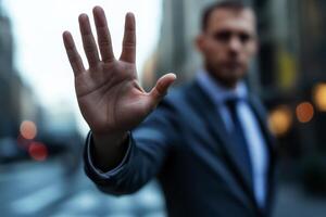 Businessman Making Stop Gesture with Hand No Entry, Warning Sign. . photo