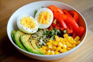 A breakfast salad with avocado, eggs, and greens, healthy meal. photo