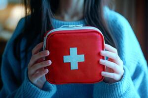A person holding a red first aid kit with a white cross symbol. photo