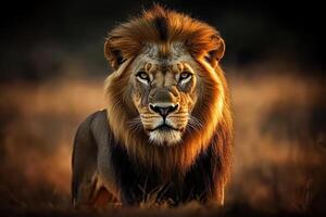 retrato de un grande masculino león caminando en sabana césped. foto