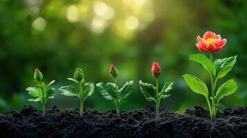 flower plants in different growth stages on blur green background. photo