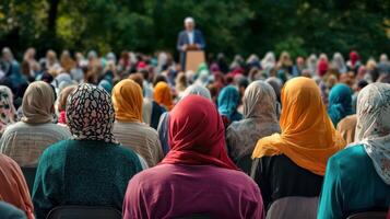 Women in hijabs attentively listening. A thoughtful moment captured. photo