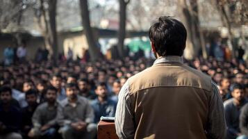 Back view of arab Islamic preacher speaking to public with microphone. photo
