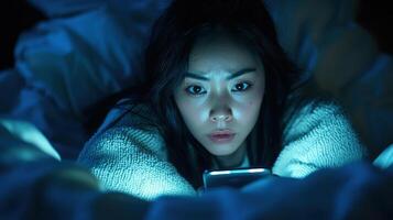 shocked Asian woman on bed finding bad news in a smart phone. photo
