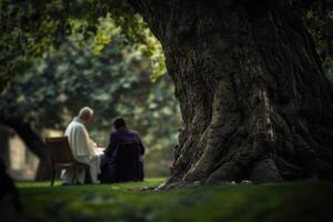 Priest listening to man talking about problems in outdoor tree trunk. photo