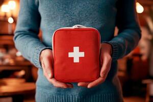 Hands Carefully Holding Red First Aid Kit.. photo