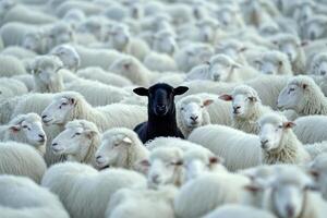 A crowd of white sheep, with a black sheep standing out in the center. photo