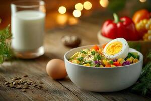 A glass of milk with breakfast salad with avocado, eggs, and greens, healthy meal, digital painting, fresh greens, isolated on white background. photo