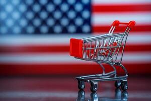shopping cart with an American flag background. usa grocery tariffs concept. photo