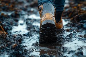 Hiking boot steps into mud photo