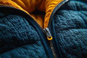Sleeping bag zipper with textured fabric and insulated layers photo
