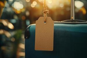 Travel bag with empty label tag in evening sun photo