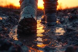 Hiking boot steps into mud with splash photo