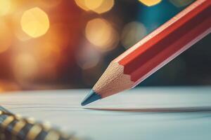 Pencil draws line on white paper with bokeh lights in background photo