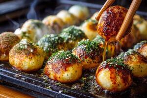 Takoyaki balls with sauce and sprinkled with sesame photo