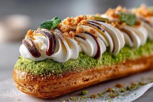 Pistachio eclair with whipped cream and nuts photo