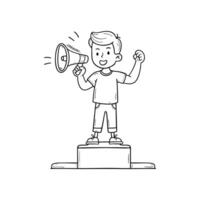 Person standing on a podium shouting into a megaphone with fist raised vector