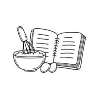 Open notebook with handwritten recipe beside a bowl of flour and eggs vector