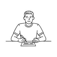 Individual seated at a table completing a registration form with pen in hand vector