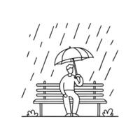 Rain falling steadily as a person holds an umbrella sits on a bench vector